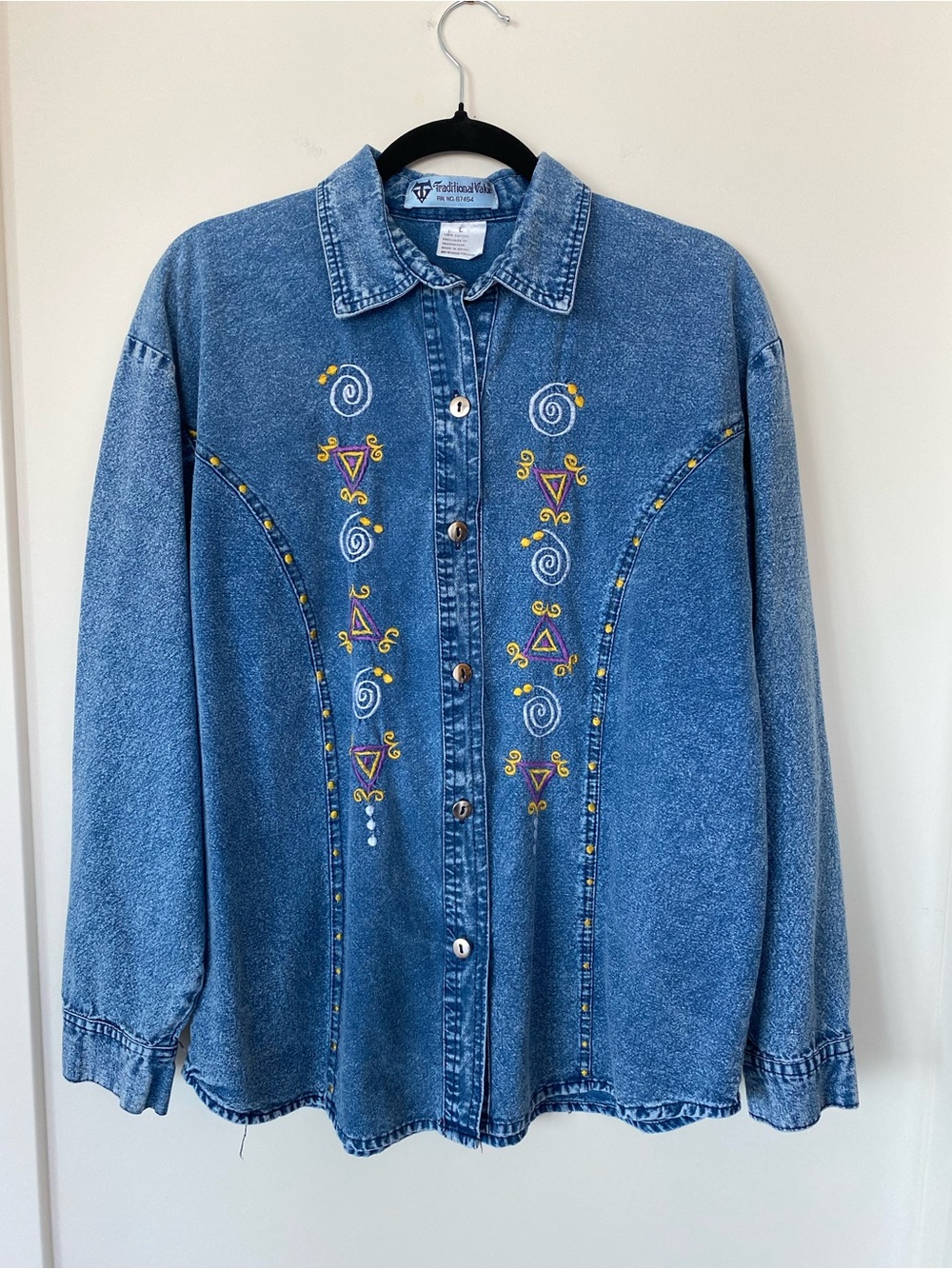 Vintage-Inspired Blue Embroidered Denim Button-Down Shirt